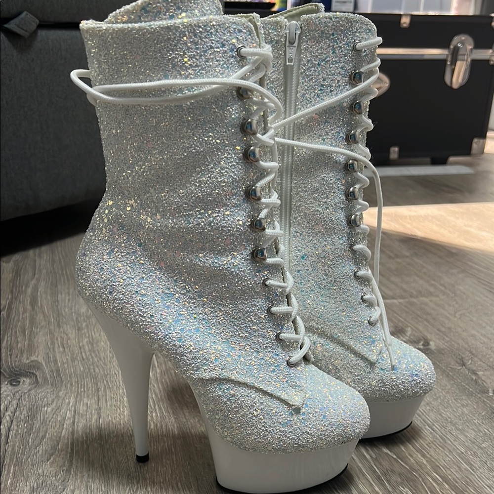 Pleaser White and Silver Heeled Boots with Glitter Finish